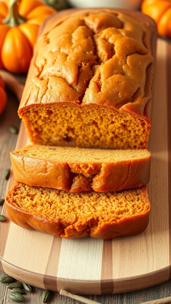 A sliced loaf of sugar-free pumpkin bread on a wooden board, showcasing its moist texture and autumn spices.